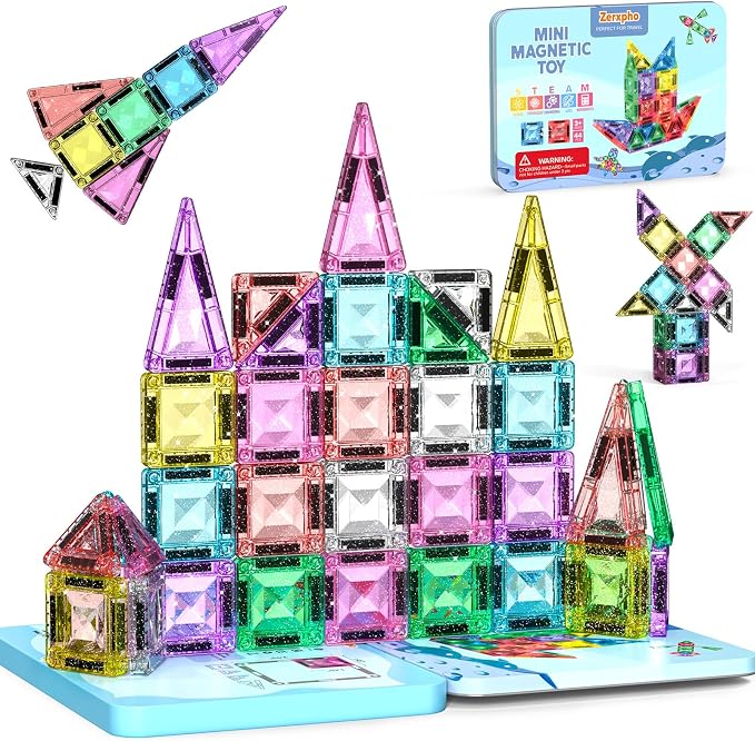 Mini Magnetic Tiles, 44PCS Portable Travel Magnetic Tiles Set with Case, Creativity Boosting Building Toys for Boys and Girls Ages 3+, Educational Toy for Kids STEM & Construction Learning