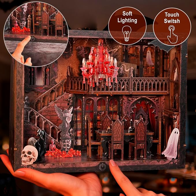Haunted Manor DIY Miniature House Kit with LED Lights - Gothic Book Nook Decor, 3D Wooden Puzzle for Adults, Halloween Home Decoration (AAA Batteries Not Included)