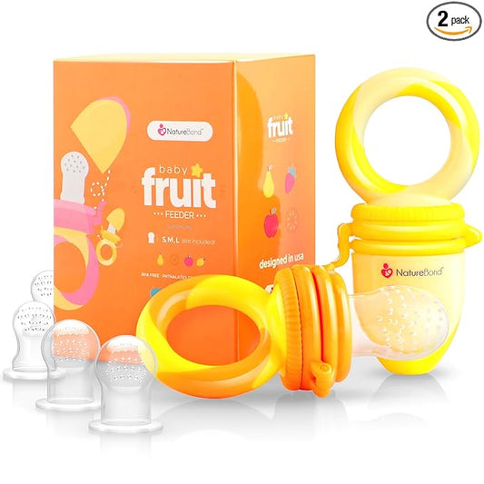 NatureBond Baby Food Feeder/Fruit Feeder Pacifier Nibbler (2 Pack) - Infant Teething Toy Teether Weaning in Appetizing Colors | + Additional Silicone Sacs