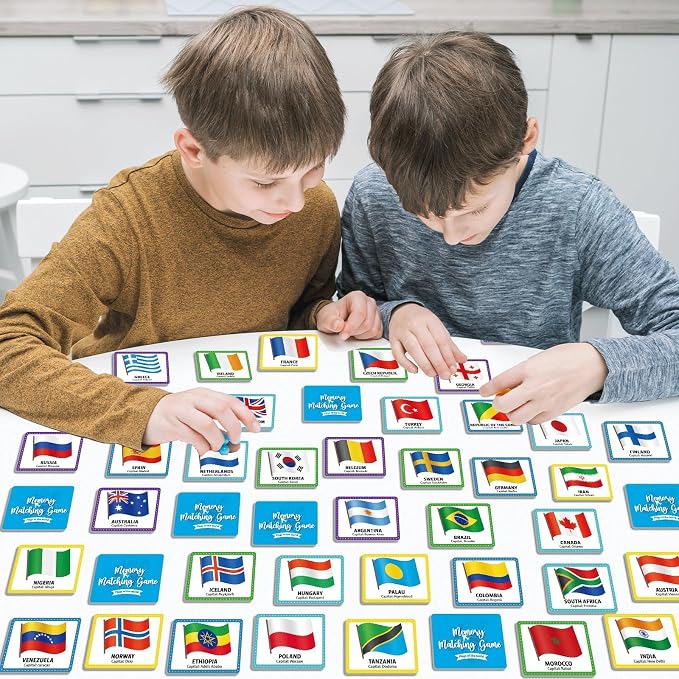 gisgfim 100 PCS Memory Matching Game Flags of The World Concentration Memory Card for Kids and Adults Learning Educational A Fun & Fast Countries of The World Matching Games