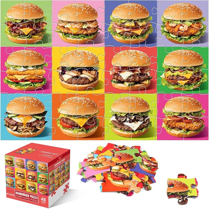 IFLOVE Hamburger Floor Puzzle for Kids — 48 Piece Jumbo Burger Jigsaw Puzzle, Food-Themed Puzzle with Colorful Hamburgers, Educational Toy Birthday for Boys Girls Ages 3-8