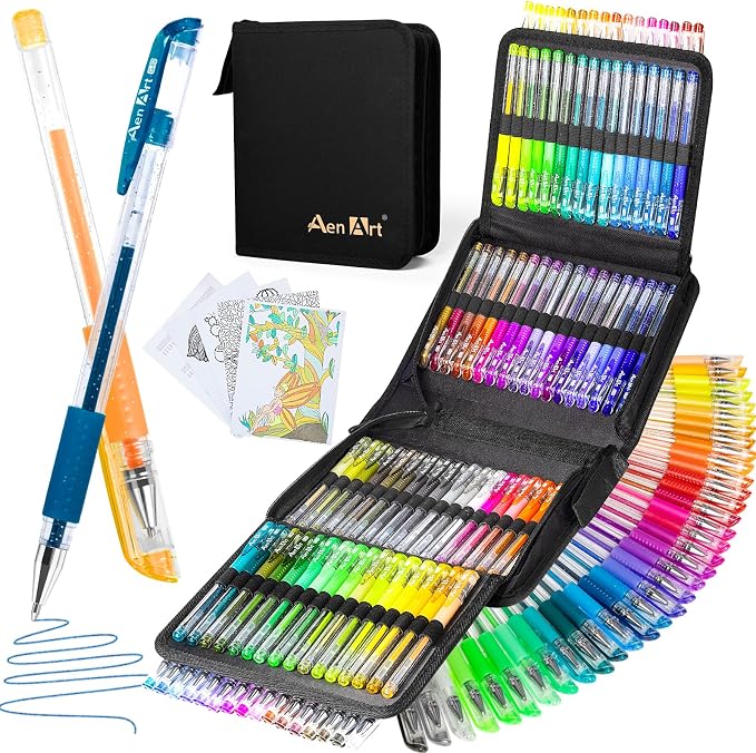 Aen Art Glitter Gel Pens with Case for Adult Coloring Books, 100 Color Glitter Pen Set 30% More Ink Neon Glitter Gel Marker for Journaling Crafting Doodling Drawing