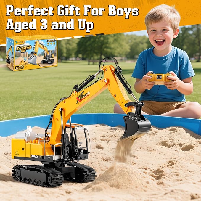 V-Opitos RC Excavator Toys for Boys Age 3, 4, 5, 6, 7, 8, 9, 10+ Years Old, 13CH Excavable Remote Control Construction Toys with Alloy Shovel/Lights/Sounds, Ideal Christmas Birthday Gifts for Kids