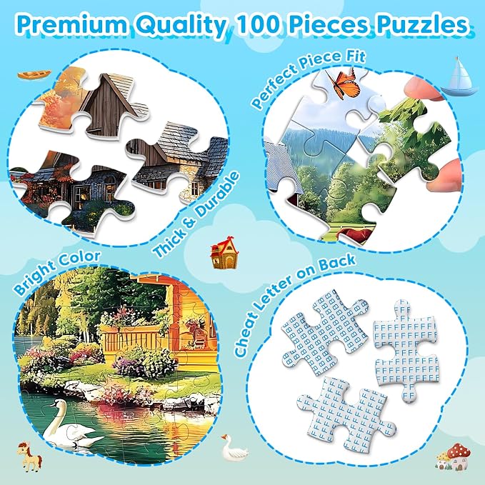 100 Piece Puzzles - 4 Themed Landscapes Large Piece Puzzles for Senior Adults Kids Puzzle Ages 5-8 Jigsaw Puzzle for Kids Ages 4-6 6-8 8-10 Year Old Educational Toys for Girls Boys 4-Pack