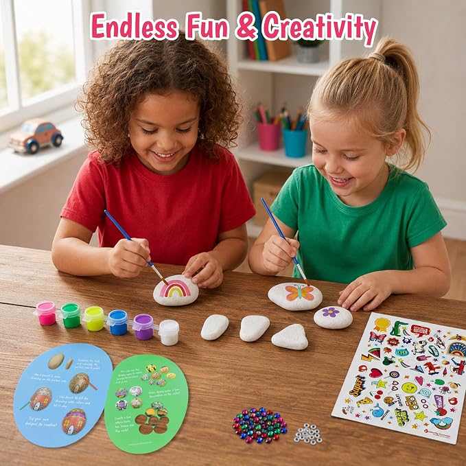 Butterfly EduFields Rock Painting Kit | DIY Art Craft Supplies for Girls & Boys Ages 4-12| Arts & Crafts Gift for Kids Ages 5 6 7 8 9 10 Years | 5 Rocks, Paints, Brushes, Stickers, Googly Eyes & Gems