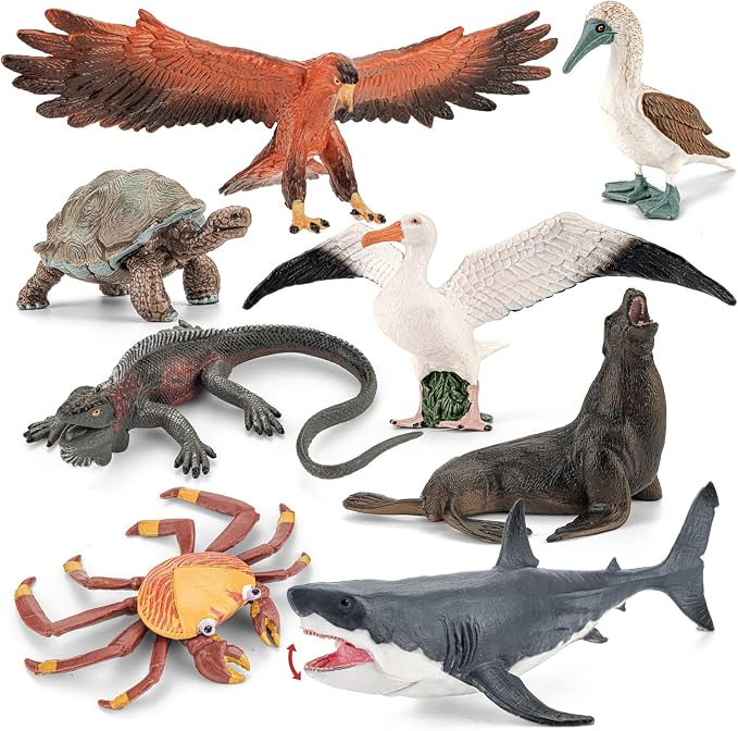 8PCS Large Galapagos Animal Toys, 4-8'' Realistic Sea Animal Figurines Set Includes Shark, Giant Tortoise, Hawk, Crab, Sea Lion, Blue-Footed Booby, Educational Learning Toys for Toddlers Kid