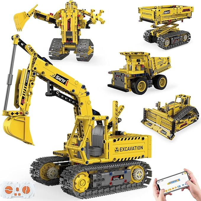 5-in-1 STEM Building Toys, Remote Control Excavator Robotics Kit, 555 PCS DIY Engineering Construction Set, Educational Science Building Blocks Gift for Kids Boys Girls Ages 6-16