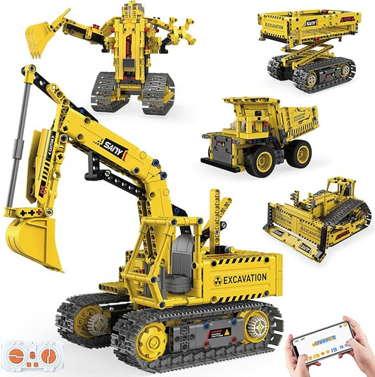 5-in-1 STEM Building Toys, Remote Control Excavator Robotics Kit, 555 PCS DIY Engineering Construction Set, Educational Science Building Blocks Gift for Kids Boys Girls Ages 6-16