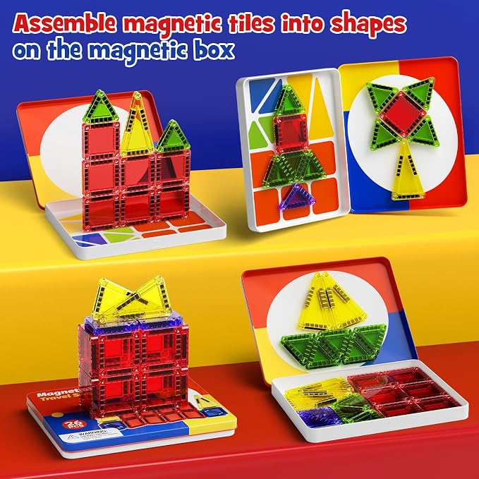 WMXDU Mini Magnetic Tiles with Iron Case, Magnetic Building Toys Kid's Travel Essential Portable Creativity On-The-Go Magnet Blocks STEM Travel Toys for Toddler Boys Girls Ages 3+, 26-Piece