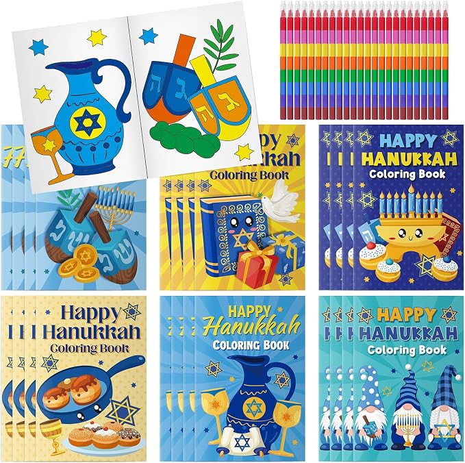 Cinrobiye 24 Set Happy Hanukkah Coloring Books Bulk Chanukah Activity Books Mini DIY Painting Drawing Set with Stackable Crayons for Festival of Lights Party Favor Gifts Goodie Bag Fillers