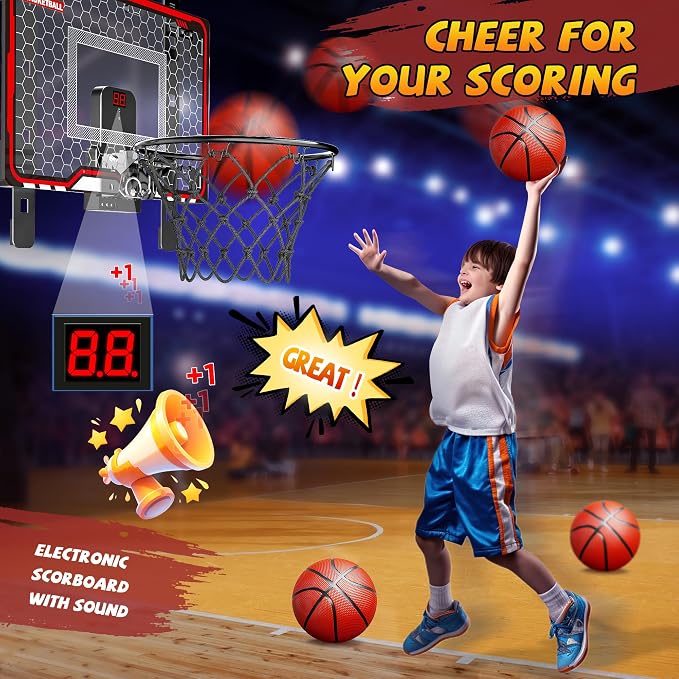 HopeRock Indoor Basketball Hoop for Kids, Over The Door Mini Basketball Hoops, with LED Light, Scoreboard, Birthday Toys Gifts for 5 6 7 8 9 10 11 12+ Year Old Boys