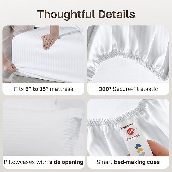 California Design Den Soft 100% Cotton Twin XL Sheet Set, 400 Thread Count Good Housekeeping Award Winner, Silky Smooth Sateen Weave, Breathable and Durable Cotton Bedding Set - Striped White