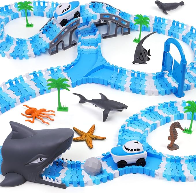 Ocean Theme Flexible Race Car Tracks for Kids, Birthday Gift for Boys Age 3 4 5 6 7 Years Old, 240+ PCS Buildable Car Track Playset with Shark Tunnel and Sea Creature Accessories