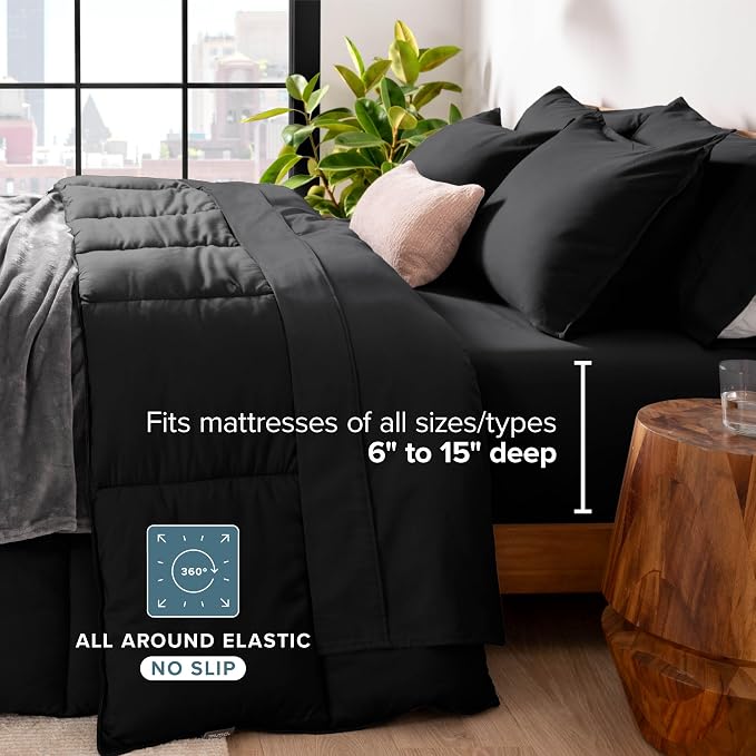 Bare Home Bed-in-A-Bag 7 Piece Comforter & Sheet Set - Full - Goose Down Alternative - Ultra-Soft 1800 Premium - Bedding Set (Full, Black/Black)