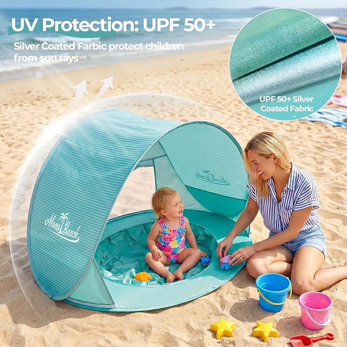 Monobeach Baby Beach Tent with Pool: Green Pop Up Sun Shade Tent for Toddler, UV Protection Portable Outdoor Shelter, Foldable Camping Canopy for Beach, Backyard & Travel