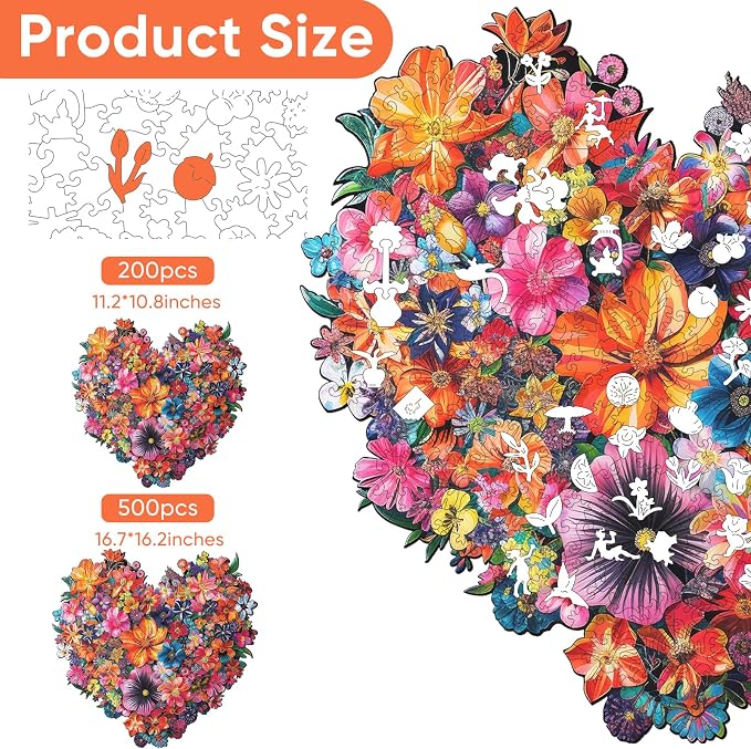 Mys Aurora Puzzles Gifts Heart Flower Wooden Puzzles for Adults, 200 Pieces Unique Shaped Jigsaw Puzzles for Mom, Fun Challenge Family Game 11.2'' x 10.8'' FSC Certified