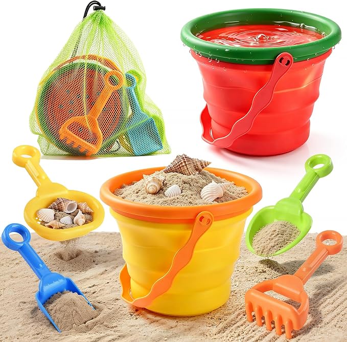 Collapsible Beach Toys for Kids, 2 Packs Foldable Silicone Sand Buckets Set with 4 Packs Sand shovels and Mesh Bag, Travel Beach Essentials for Sandbox, Pool, Camping,Fishing, Summer Party Favors