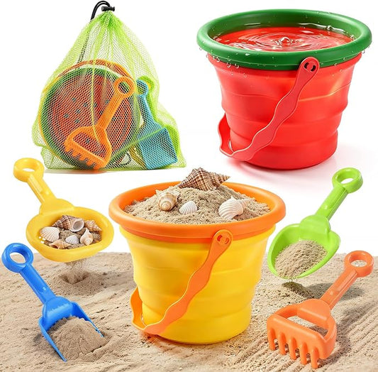 Collapsible Beach Toys for Kids, 2 Packs Foldable Silicone Sand Buckets Set with 4 Packs Sand shovels and Mesh Bag, Travel Beach Essentials for Sandbox, Pool, Camping,Fishing, Summer Party Favors