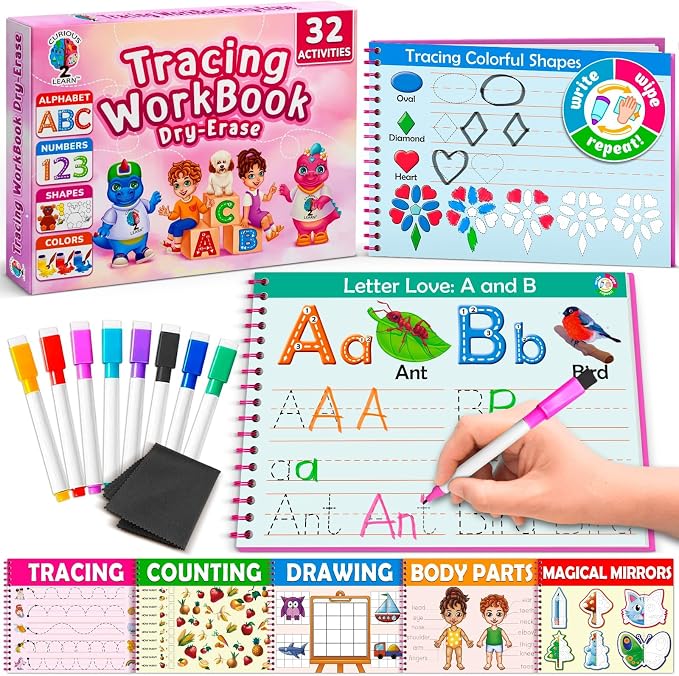Curious 2 Learn Hardcover Preschool Activity Workbook for Kids Ages 3–5 – 32 Montessori Learning Activities with 9 Markers – ABC, Numbers, Colors & Shapes – Educational Gift for Boys & Girls