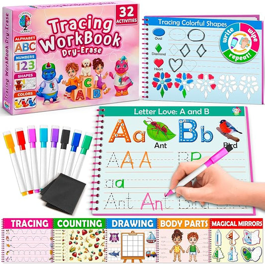 Curious 2 Learn Hardcover Preschool Activity Workbook for Kids Ages 3–5 – 32 Montessori Learning Activities with 9 Markers – ABC, Numbers, Colors & Shapes – Educational Gift for Boys & Girls