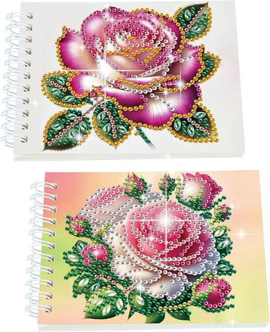 2 Pcs Rose Flower Diamond Painting 80 Pages Notebook for Adults,Flower Diamond Art Journal and DIY Sketchbook, Diamonds Art Kit Supplies,Gift for Beginners, Craft Lovers, Artists. (Rose)