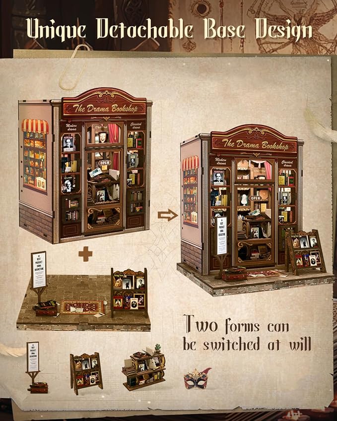 Cutefun Book Nook Kit - DIY Miniature Dollhouse Booknook Kit for Adults and Teens, 3D Wooden Puzzle Bookshelf Insert Decor with LED Light, Gifts for Family and Friends (The Drama Bookshop)