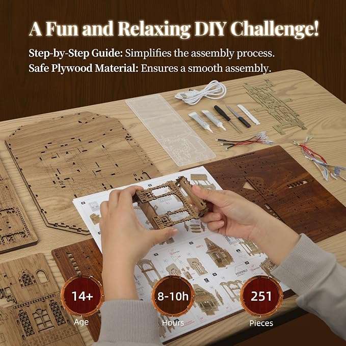 FUNPOLA 3D Wood Puzzle Countryside Cottage Model - DIY Miniature Building Kit with Spark LED Lights - Craft Rural Architecture Home Décor Gift for Adults