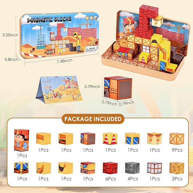 Magnetic Building Blocks Sensory Toys, Toddler Montessori Construction Stacking Toys, 35PCS Magnet Cubes for Kids, Gifts for Boys Girls, Portable Travel Toy Stem Learning Activities for Toddlers 3-8
