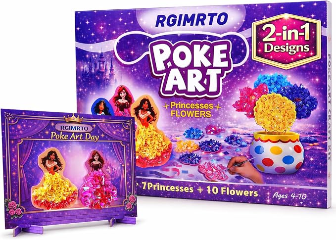 RGIMRTO Poke Art Craft Kit for Kids, 2-in-1 7 Princess +10 Flowers Craft Set with Display Board, Mess Free Craft Activity Birthday Gift for Girls Ages 4, 5, 6, 7, 8, 9,