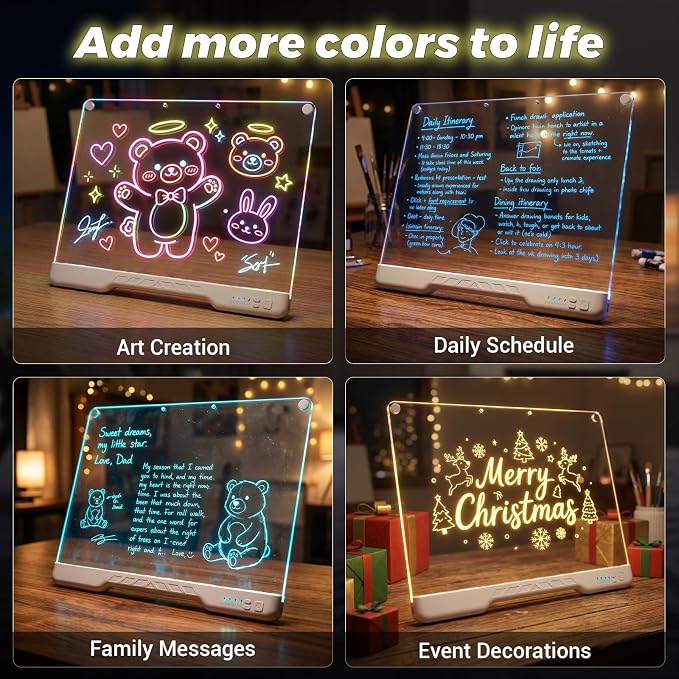 HASSKY Rechargeable LED Drawing Board, 7 Colors 4 Light Modes Glow Doodle Pad, Dry Erase Light Up Note Board with Built-in Stand, 6H Battery Life Art Kit for Kids Girls Boys Birthday Gifts