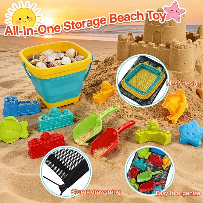Foldable Beach Bucket and Shovel Set for Kids, 20PCS Sand Toys with Sand Molds (Castle, Dinosaur, Sea Animal) & Mesh Bag, Toddler Collapsible Outdoor Sand Toys for Beach, Sandbox, Pool, Summer Gift