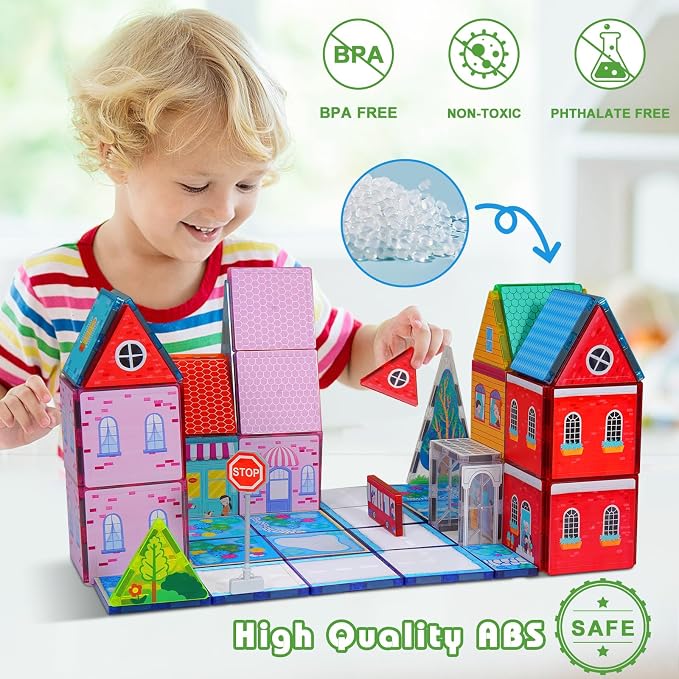 Magnetic Tiles for Kids, Fairytale Town Road Set, Magnetic Blocks Magnet Building Toys for 3-5 4-8 Years Old Boys Girls, Expansion Themed Magnet Educational STEM Creativity Toys 3+ Toddlers Xmas Gifts