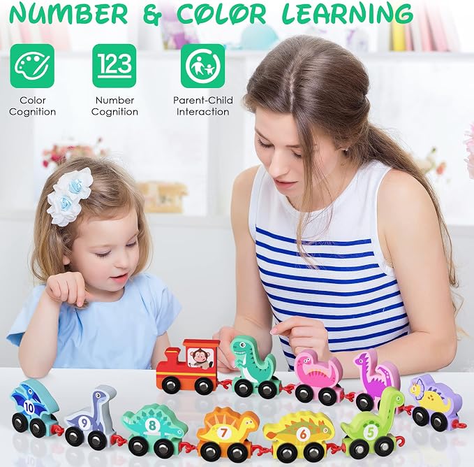 Dinosaur Toys for Toddlers Age 2-4, Wooden Dinosaur Train Set with Playmat/Storage Bag, Montessori Educational Toys for 2+ Years Old Boys & Girls