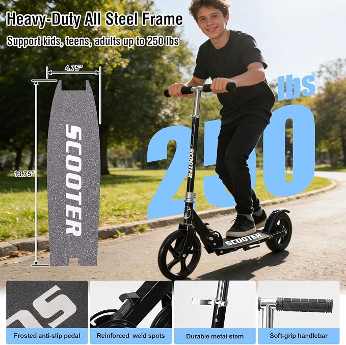 Scooter for Age 6+, Folding Kick Scooters for Kids 8-12,Teens, Adults up to 250Lbs,3 Adjustable Heights, Rear Brake, Wide Antislip Deck, Lightweight Scooter for Boys Girls