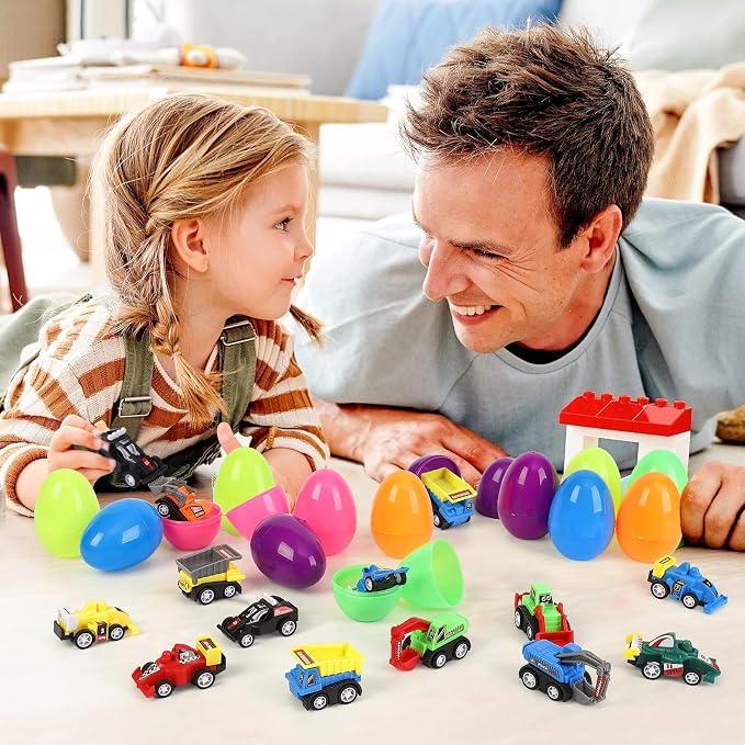 12 Pcs Easter Eggs Prefilled with Pull Back Cars for 3-6 Year Old Boys, Pull Back Construction Vehicle and Race Car for Easter Party Favors, Easter Basket Stuffers, Easter Egg Fillers,Easter Eggs Hunt