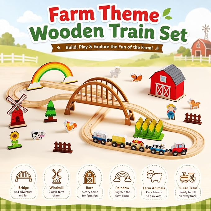 Wooden Farm Train Set,Toddler Toys,Train Set for Toddlers 3-5,Magnetic Train Toys,with Plastic Tracks Compatible with Major Brands Expandable，Sensory Toys for Kids,Ideal Gifts Boys, Girls