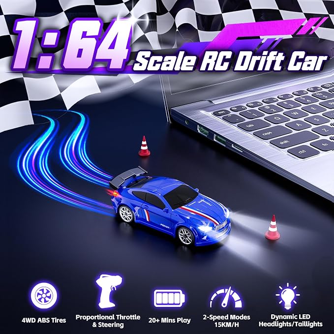 Mini RC Drift Car 1:64 Scale, Remote Control Car with LED Lights & 2-Speed Modes, 2.4GHz Stunt Drifting RC Toys with 4 Obstacles & Track Mat, Hobby Gift for Kids & Adults, Blue