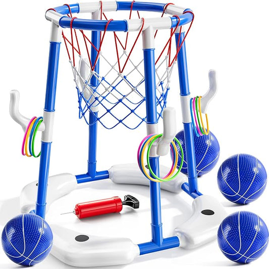 Sitodier Pool Basketball Hoop for Kids, 2-in-1 Floating Pool Water Play Toys and Ring Game with 4 Balls and Pump, Outdoor Summer Swimming Pool Basketball Games Family Party for Kids Adults (Blue)