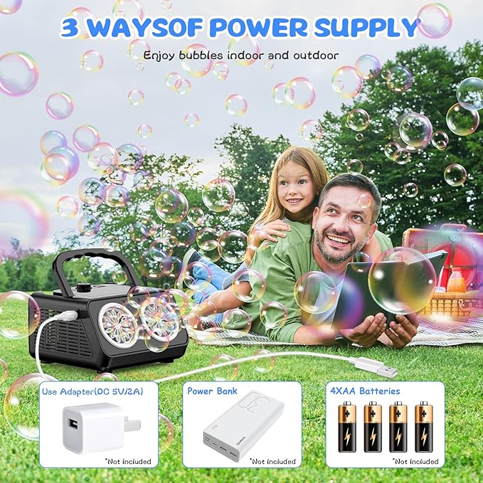 SHCKE Automatic Bubble Machine with 2 Fans,20000+ Bubbles/Min | Dual power USB-C/AA, No-Leak Sealed Bottle,Portable Bubble Maker for Pool, Wedding, Camping, Birthday Parties