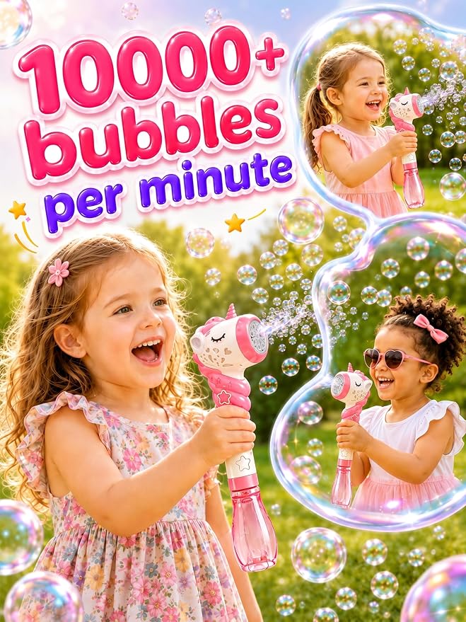Unicorn Bubble Machine Wand Gifts for Kids Toddlers Age 1 2 3 4 5 6 7 8 Years Old Birthday Party Unique Cute Baby Outdoor Outside Summer Toy Easter Day Game for Little Girl Boy Include Solution Pink