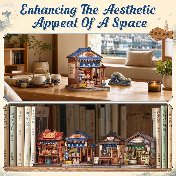 Cutefun DIY Miniature House Kit, 129 Pcs 3D Wooden Puzzle Tiny House Mini House Building Kit for Beginner & Teens, Palm-Sized Japanese Booknook Dollhouse for Bookshelf Decor (Fukuoka Mentaiko Kitchen)