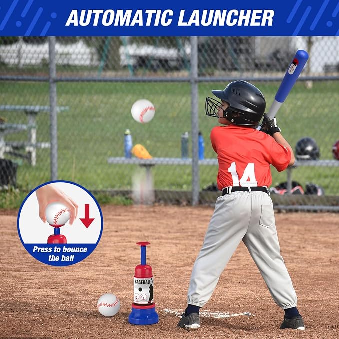 HYES 4 in 1 T Ball Sets for Kids 3-5 with Toss and Catch Ball Set, Hanging Tee Stand with Auto Pitching Machine/ 2 Bats, Indoor Outdoor Toys Birthday Baseball Gifts for Toddler Boys Girls, Blue