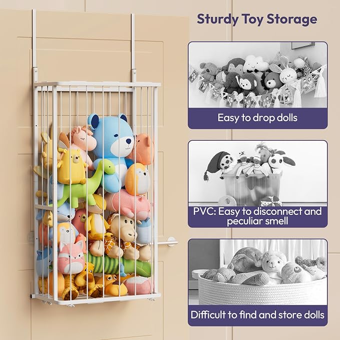 SWTYMIKI Hanging Stuffed Animal Storage - Over Door Large Plush Toy Organizer, Wall Mounted or Corner Stuffie Storage for Nursery, Doll & Bear Plush Organizer for Kid Room Bedroom (White, 2-Tier)