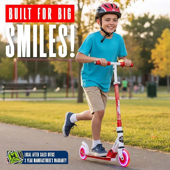 Kick Scooter for Ages 5+ - Kids, Teens & Adults. Max Load 220lbs. Foldable, Light-Up Wheels, Adjustable Height, Lightweight - Rush 125 Madd Gear