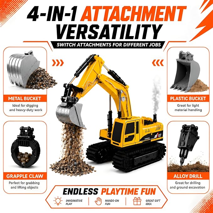 Remote Control Excavator Toy 4-in-1 RC Construction Vehicle with Metal Bucket, Alloy Drill, Grapple Claw, 680° Rotation, Smoke Spray, Sounds, 2 Batteries, Digger Gift for Boys 3-8+