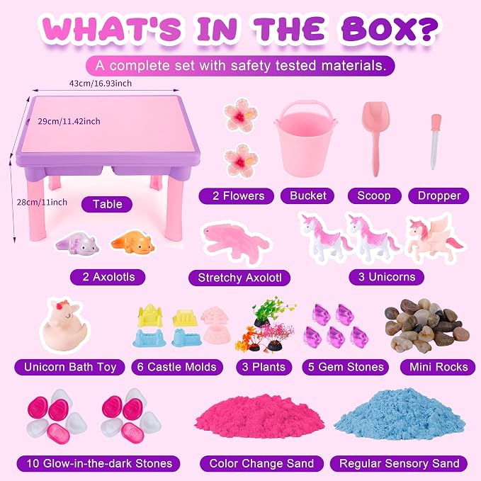 Carolart Unicorn & Axolotl 2-in-1 Sand Table & Water Table, Color-Changing Sand, Dual-Bin Sensory Table with Lid and Storage, Indoor Outdoor Activity Table for Toddlers Ages 3-8