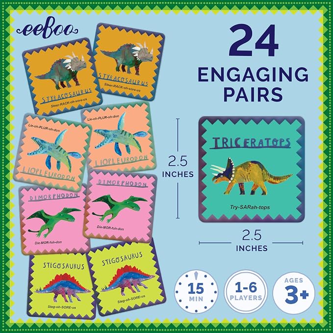 eeBoo: Memory and Matching Game- Shiny Dinosaur- 24 Pairs, Develops Recognition, Concentration, Memory & Vocabulary Skills, Age 3+