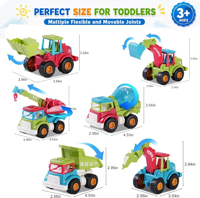 6pc Friction Construction Trucks Toy for Kids | Push and Go, Indoor Outdoor Sandbox Play, Excavator Bulldozer Dump Crane Mixer, Christmas Birthday Gift for Boys Toddlers 3-8