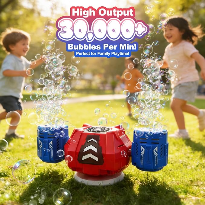 New RC Bubble Machine with RGB Lights, 360° Auto Rotation Bubbles Toy, Rechargeable Battery, Bubble Blower Maker for Kids, Parties, Birthday Gift, Weddings, Indoor Outdoor Activity, Red-Blue