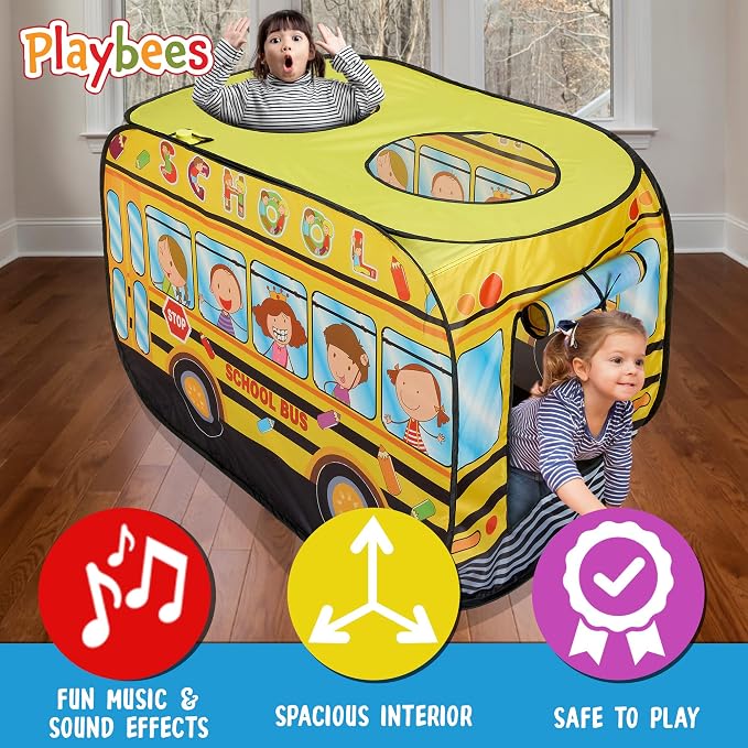Playbees Musical School Bus Pop Up Play Tent with 3 Openings - Tent for Toddlers - Indoor & Outdoor - Pop Up Tents for Kids - Includes Carry Bag and Sound Button- 43.5x28x26.5 Inch
